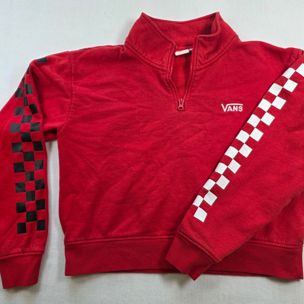 Vans Quarter Zip Sweatshirt Women S Red Checkerboard crop gorpcore Y2K skater - Picture 2 of 10